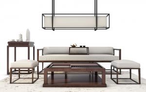 新中式沙发、茶几、方形坐墩和吊灯组合