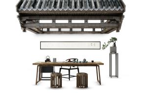 新中式屋檐、茶桌椅和坐墩组合