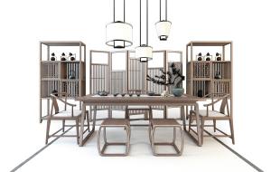 新中式茶桌椅、茶具和装饰柜组合