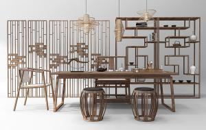 新中式茶桌椅、茶具和镂空鼓凳组合