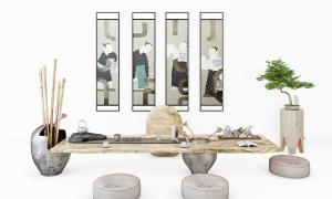 日式茶室、茶具和装饰画组合