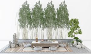 中式茶案、茶具和景观组合