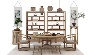 中式茶桌椅、博古架和花架组合