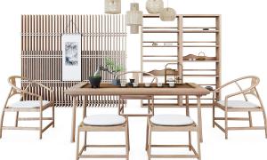 新中式茶桌椅、圈椅和坐凳组合