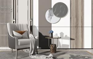 新中式沙发椅、边几和圆形墙饰挂件组合