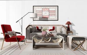 轻奢沙发、茶几、挂画和落地灯组合