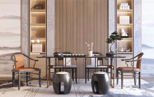 新中式实木茶桌、椅子、木墩组合