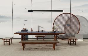 新中式实木茶桌、长凳子、茶具组合