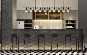 现代吧椅、水吧台、吊灯