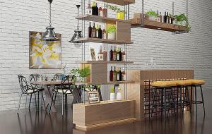 工业风loft吧椅、吊灯、酒架组合