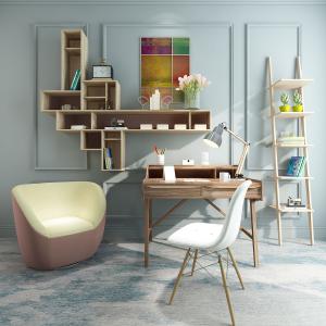 北欧实木书桌椅、书架组合