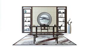 新中式书桌、坐凳组合3d模型 新中式书桌、坐凳组合