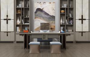 新中式书桌椅、坐墩、书柜组合3d模型 新中式书桌椅、坐墩、书柜组合