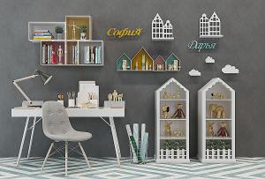 北欧实木儿童书桌椅、玩具收纳柜组合3d模型 北欧实木儿童书桌椅、玩具收纳柜组合