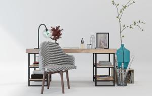 工业风实木书桌、休闲椅组合3d模型 工业风实木书桌、休闲椅组合