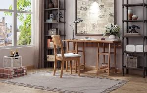 工业风实木书桌椅、铁艺书架组合