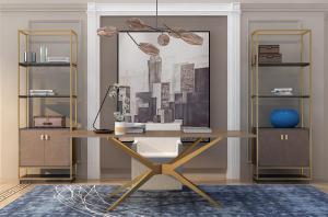 新中式书桌椅、金属书架组合