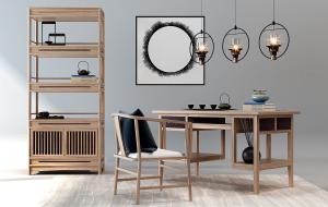 新中式实木书桌椅、书架组合3d模型 新中式实木书桌椅、书架组合