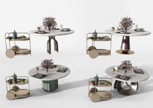 现代圆形大理石餐桌、餐车、装饰花瓶组合