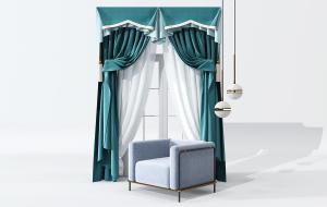 欧式轻奢蓝绿色窗帘、单人沙发、吊灯3d模型 欧式轻奢蓝绿色窗帘、单人沙发、吊灯