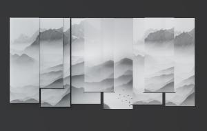 中式水墨山水挂帘、卷帘窗帘