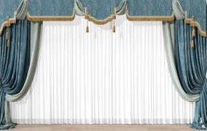 欧式古典蓝色暗纹窗帘、带穗窗幔3d模型 欧式古典蓝色暗纹窗帘、带穗窗幔