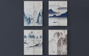 新中式水墨山水卦帘窗帘3d模型 新中式水墨山水卦帘窗帘