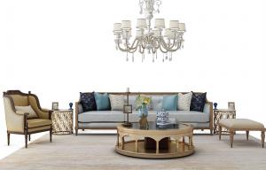 欧式沙发、茶几、休闲椅和吊灯组合