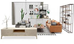 北欧现代沙发、茶几、电视柜和装饰画组合