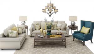 欧式沙发、茶几、吊灯和休闲椅组合