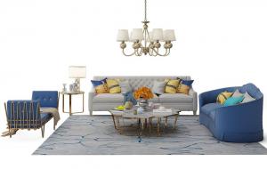 现代欧式沙发、茶几、休闲椅和吊灯组合