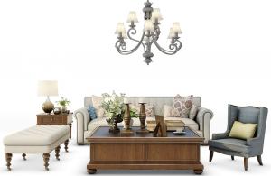 欧式沙发、茶几、休闲椅和吊灯组合