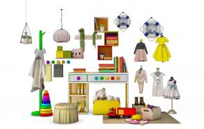 儿童服装店装饰衣架、童装、玩具
