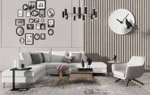 现代转角沙发、圆形茶几、边几角几和黑白照片墙