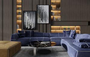 现代布艺转角沙发、茶几和装饰画组合