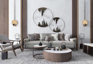 新中式沙发、茶几、茶具和圆形挂件组合