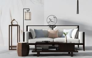 新中式沙发、实木茶几、坐墩、花架和落地灯组合