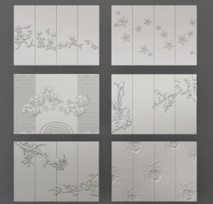 新中式祥云、花瓣、梅枝雕花 暗纹软包背景