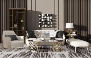 轻奢三人沙发、单人沙发、墩、茶几和沙发背景墙组合