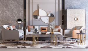 现代轻奢多人沙发、单人沙发和方形茶几组合