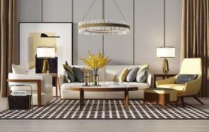 现代轻奢沙发、椭圆茶几、脚踏和休闲椅组合