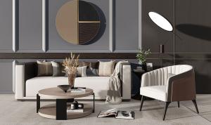 现代沙发、圆形茶几和金属落地灯组合