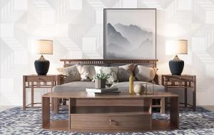 新中式沙发、茶几和装饰画组合