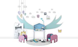 北欧儿童房玩具桌、大象凳子、玩具车