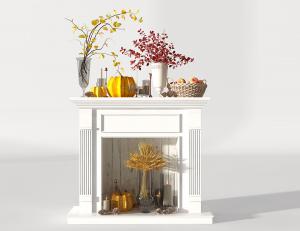 简欧白色壁炉、南瓜、花瓶花卉、水果篮