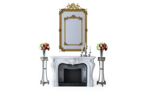 古典欧式雕花壁炉、花架花卉、雕花镜面