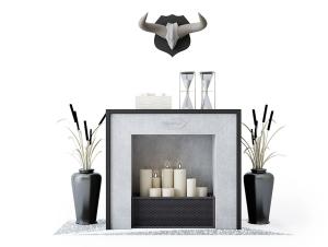 现代简约壁炉、蜡烛、装饰花瓶