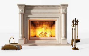 欧式石材壁炉、火焰、木材、火钳