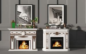 欧式白色雕花壁炉、火焰、摆件、装饰画