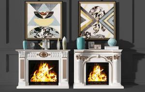 欧式古典白色壁炉、装饰画、摆件